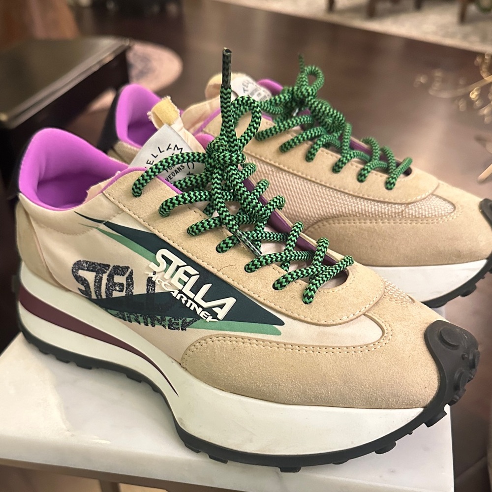 Stella McCartney Tan Sneakers with Green and Purple Accents